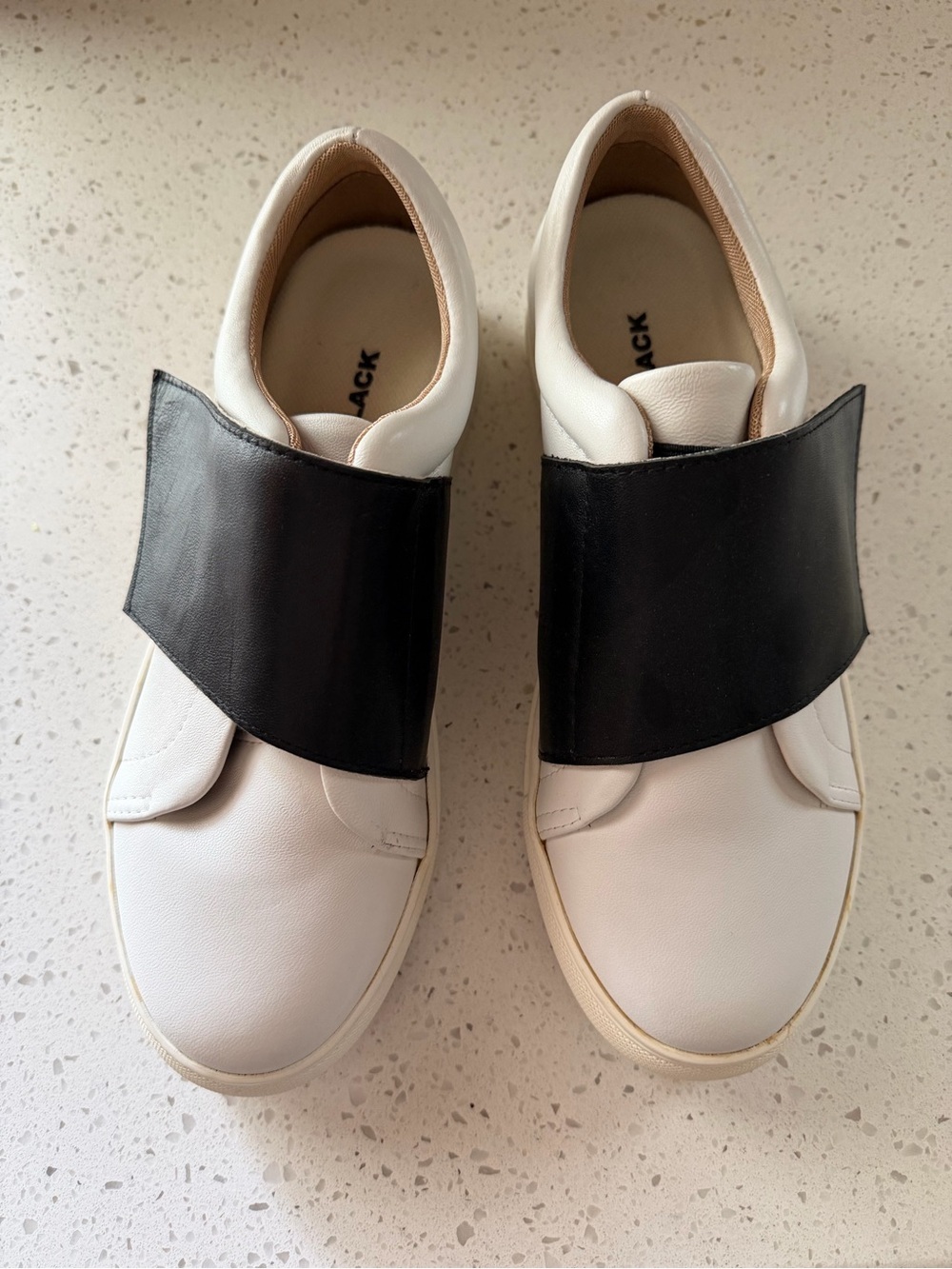 ALL BLACK Womens White Black Leather Slip On Sneakers Size 36 / 6 Flap Strap